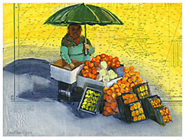 Dana Smith painting titled Oranges and Papayas